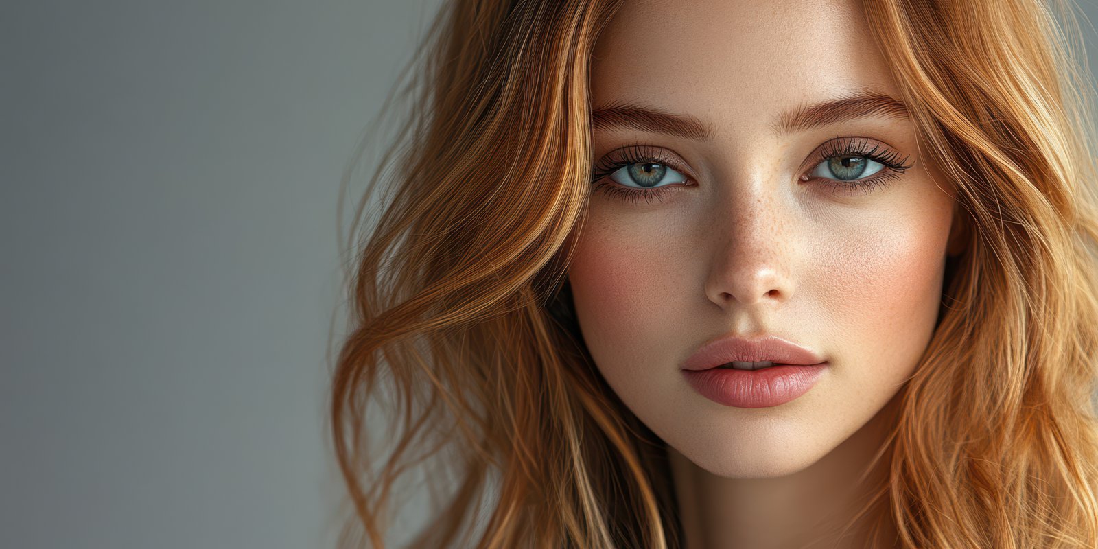 Portrait of a young woman with red hair and striking blue eyes on a neutral background in a professional studio setting